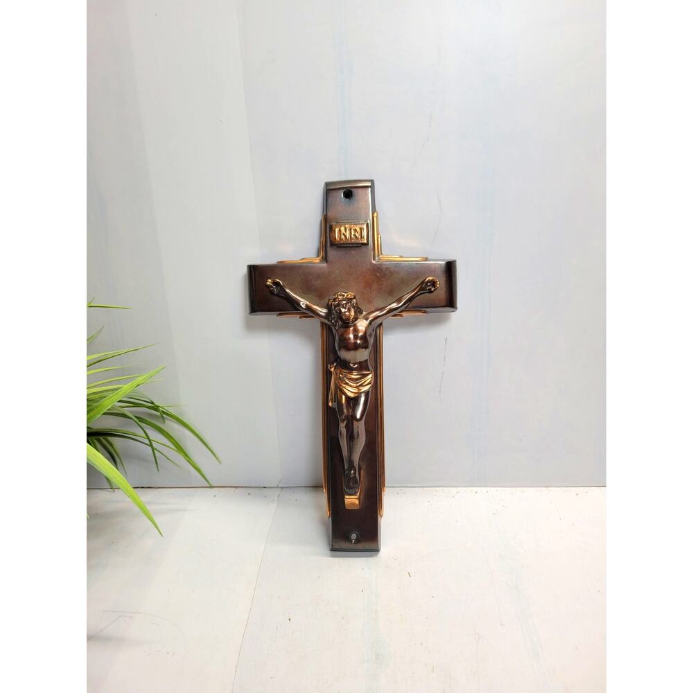 Vintage Copper Casket Crucifix Coffin Cross Catholic Mid Century Wall Decor 11"